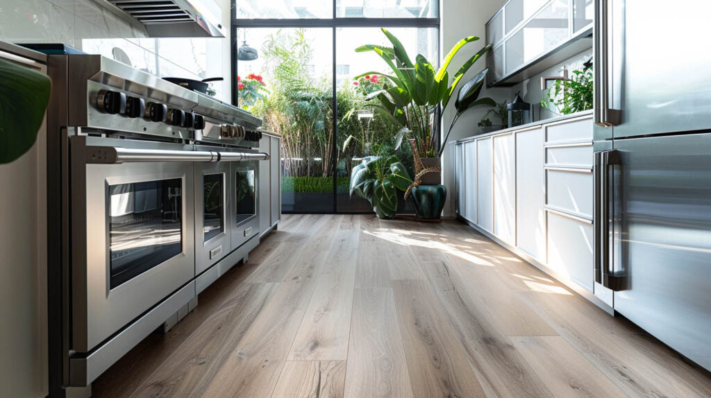 Modern kitchen with sleek stainless steel appliances, white cabinets, light wood flooring, and large glass doors opening to a lush green garden.