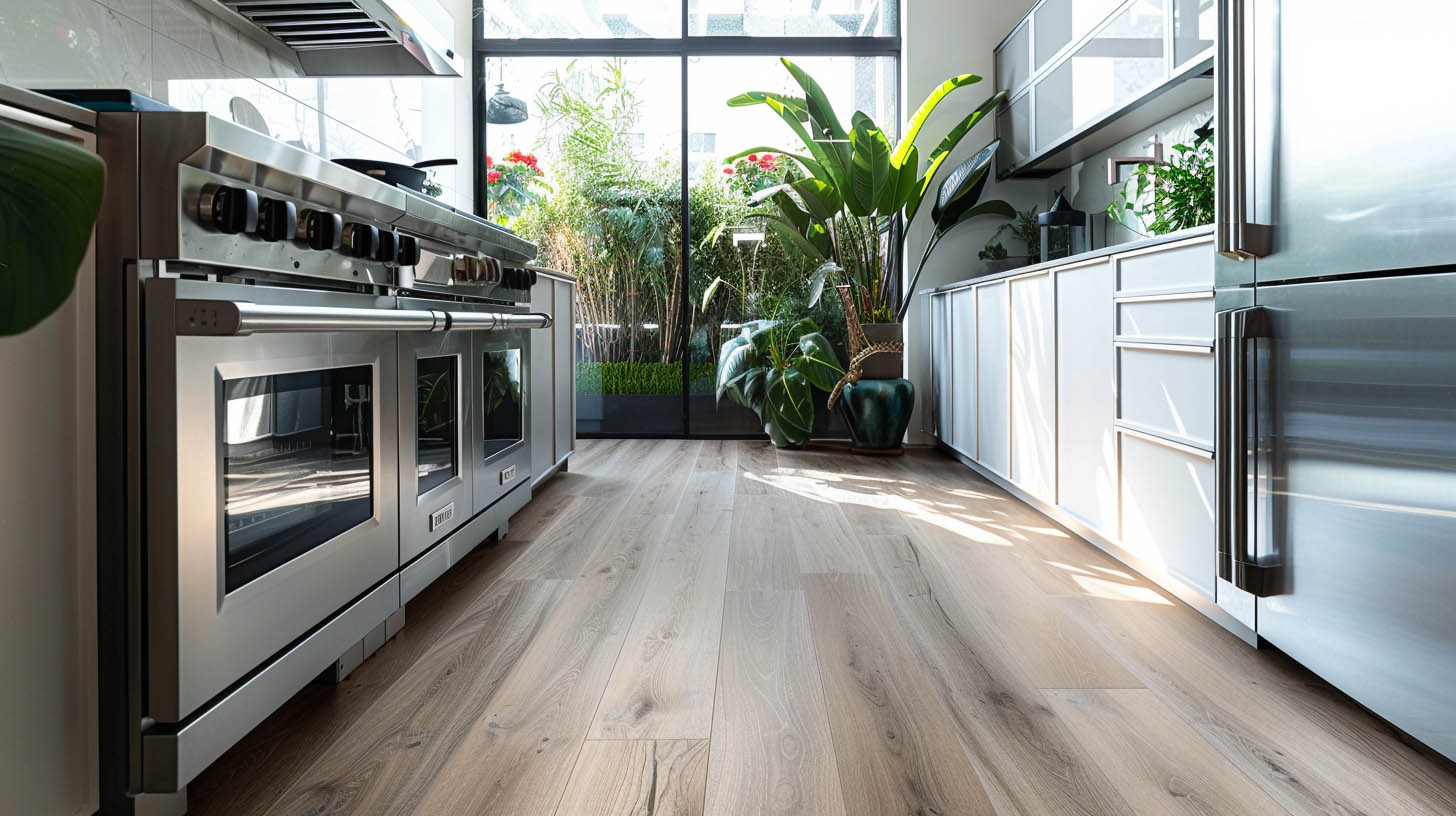 Modern kitchen with sleek stainless steel appliances, white cabinets, light wood flooring, and large glass doors opening to a lush green garden.