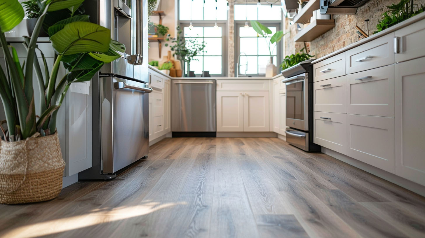 Modern kitchen with light gray wood flooring, white cabinets, stainless steel appliances, and potted greenery near bright windows.