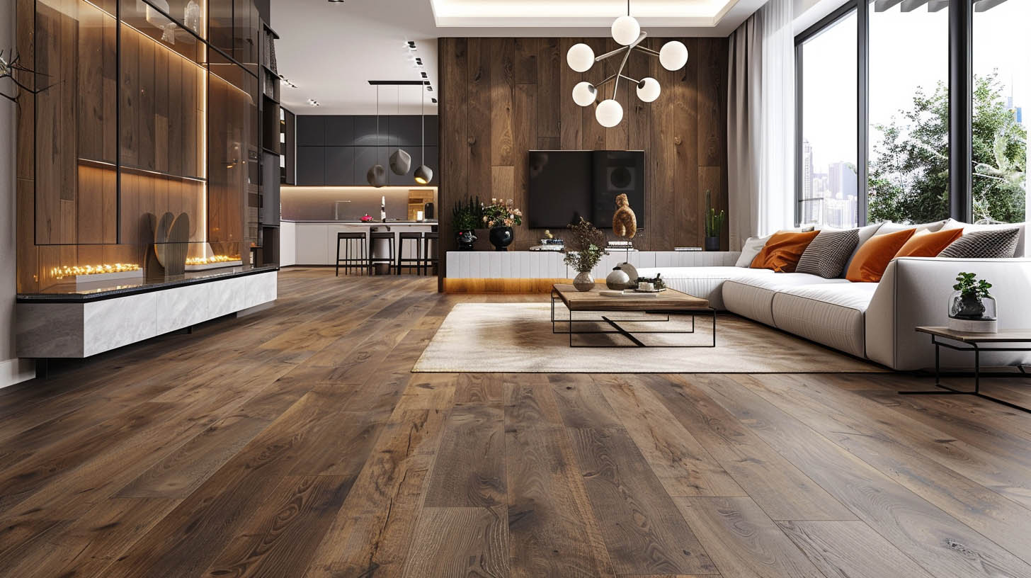 Modern living room with warm wood flooring, a white sectional sofa, orange cushions, a minimalist coffee table, and an open kitchen in the background.