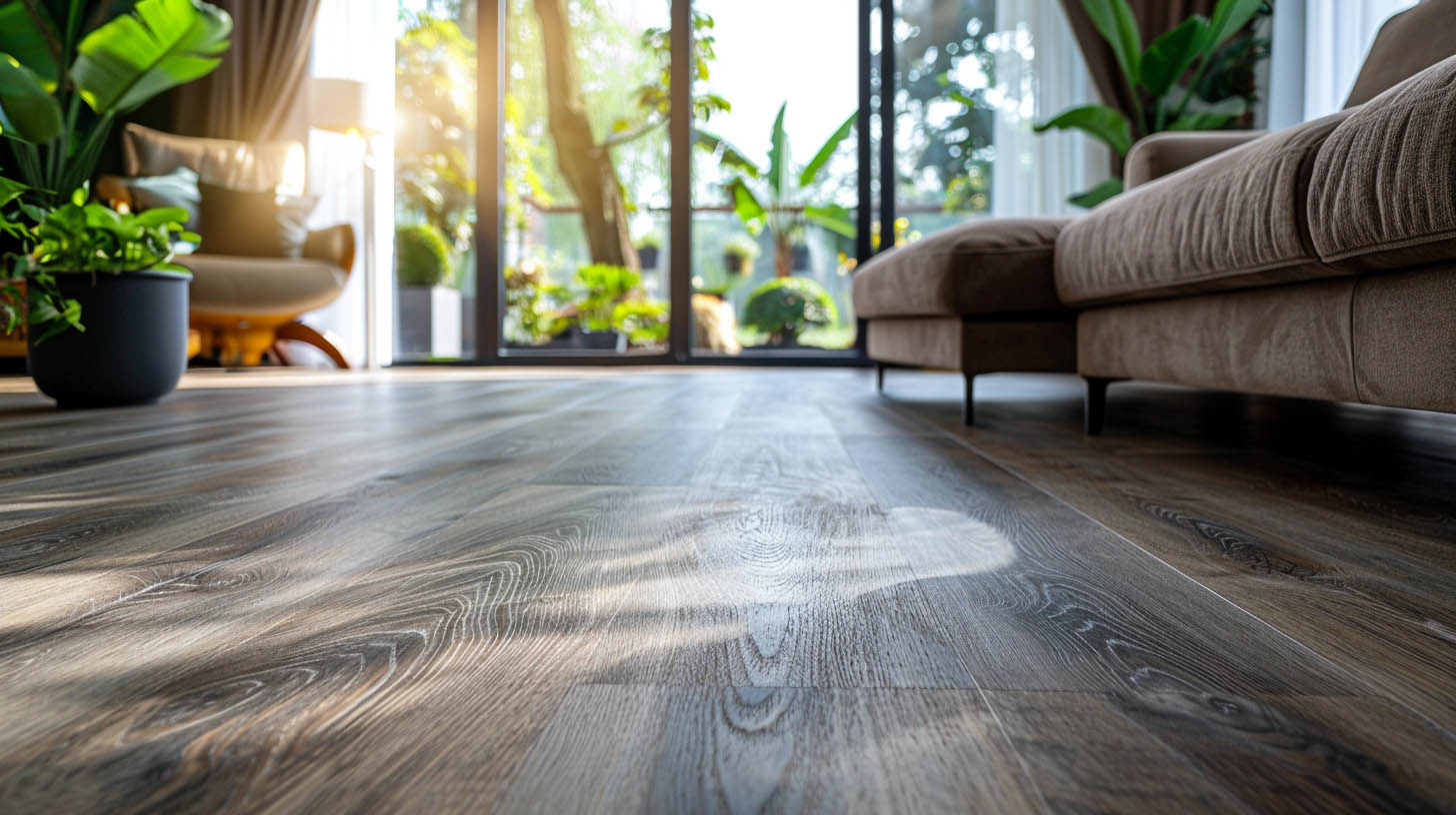 Close-up of dark wood flooring in a bright living room with large windows, lush greenery, a beige sectional sofa, and cozy decor.