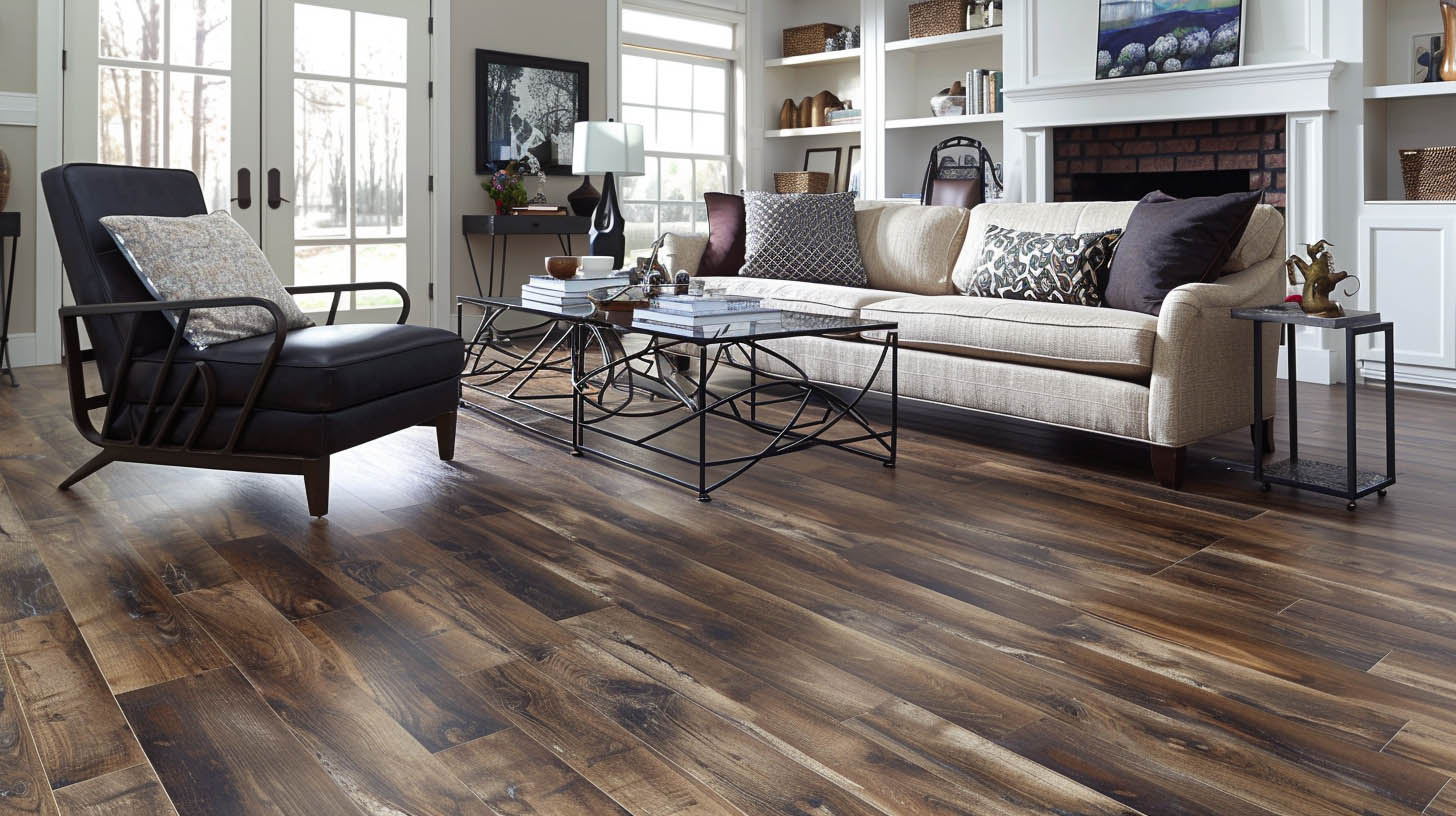 Elegant living room with dark wood flooring, beige sofa, black leather armchair, and metal-framed coffee tables, complemented by built-in shelves and a brick fireplace.