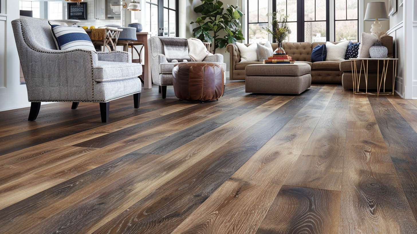 Spacious living room with dark brown wood flooring, upholstered chairs, a leather ottoman, beige sectional, and large windows with natural light.