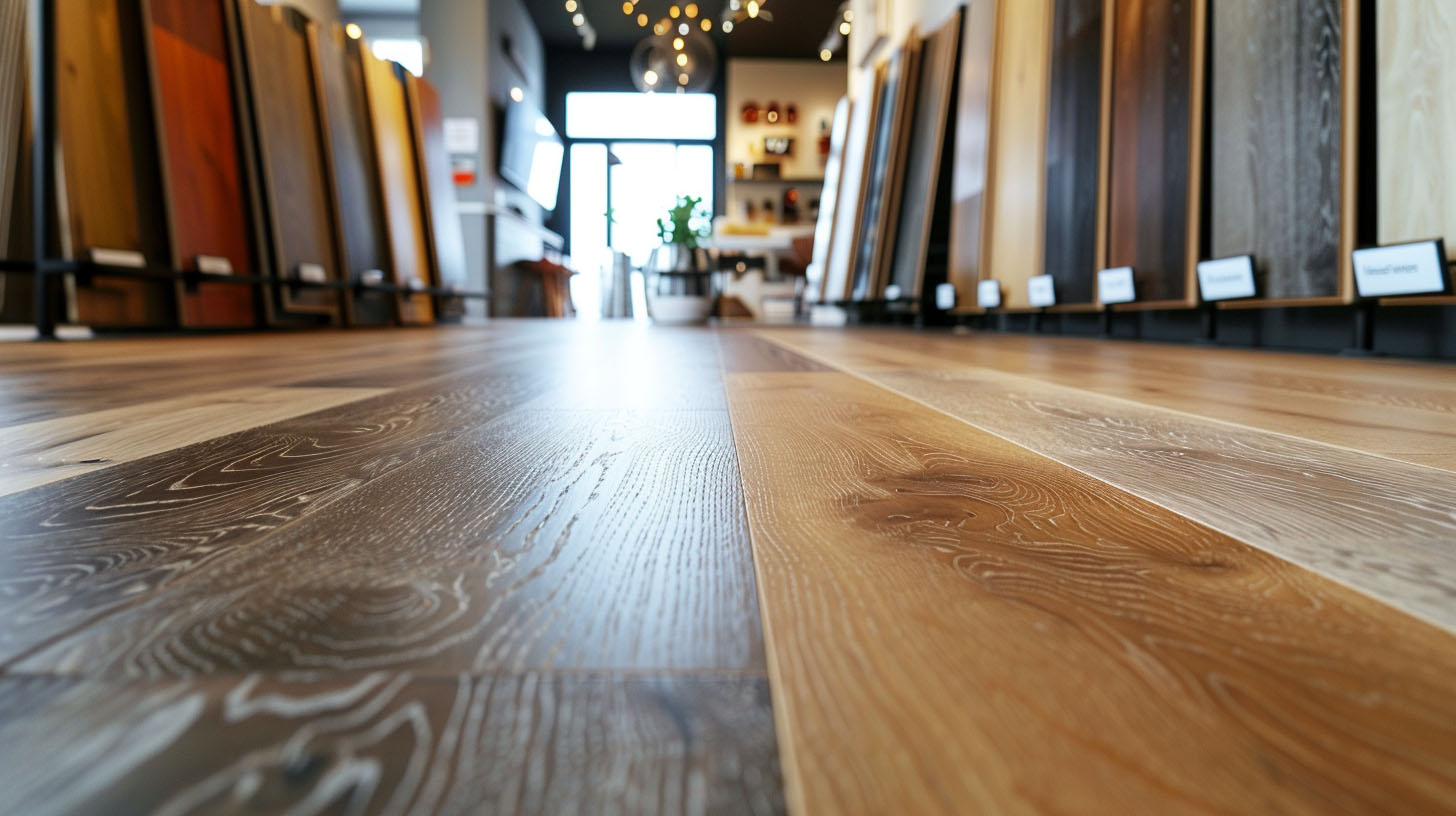 Close-up of wooden flooring samples in a showroom with various wood colors and textures on display.