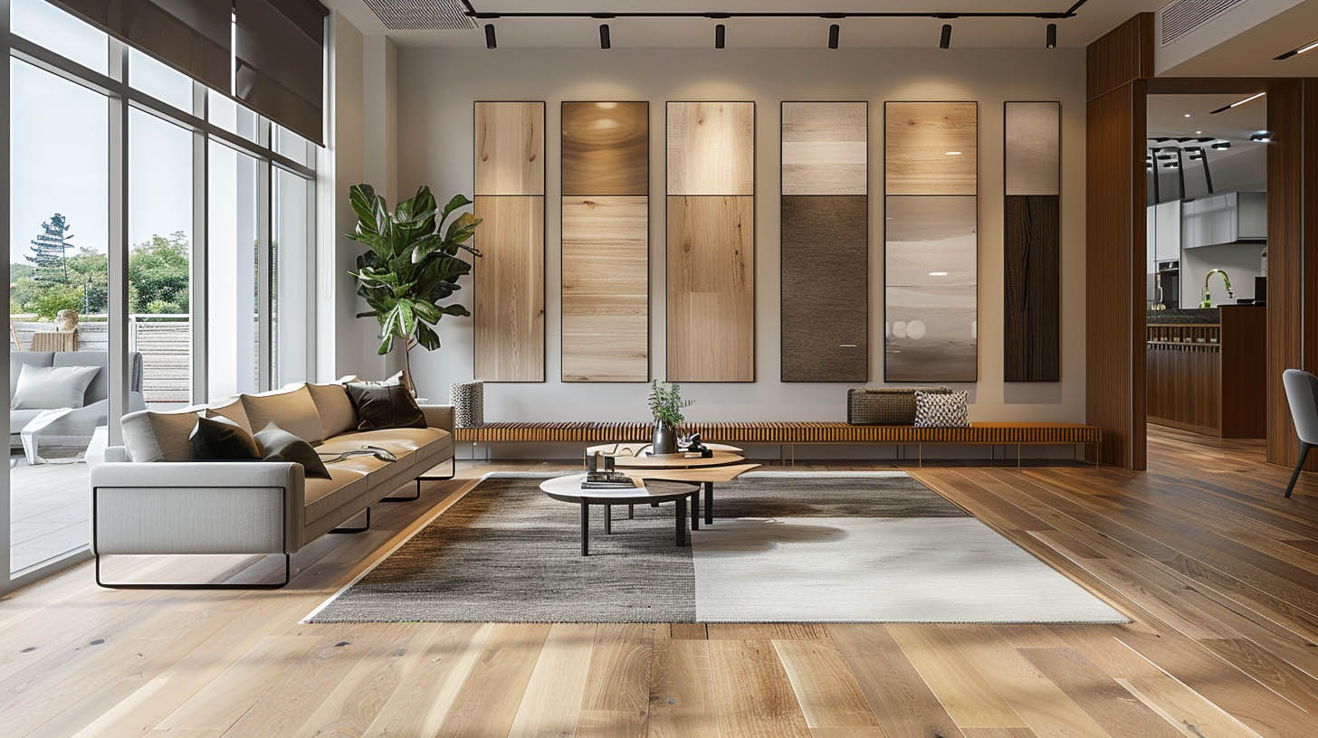 Modern showroom interior with light oak wood flooring, wall-mounted wood panel samples, a beige sofa, potted plant, and round coffee tables on a two-tone rug.