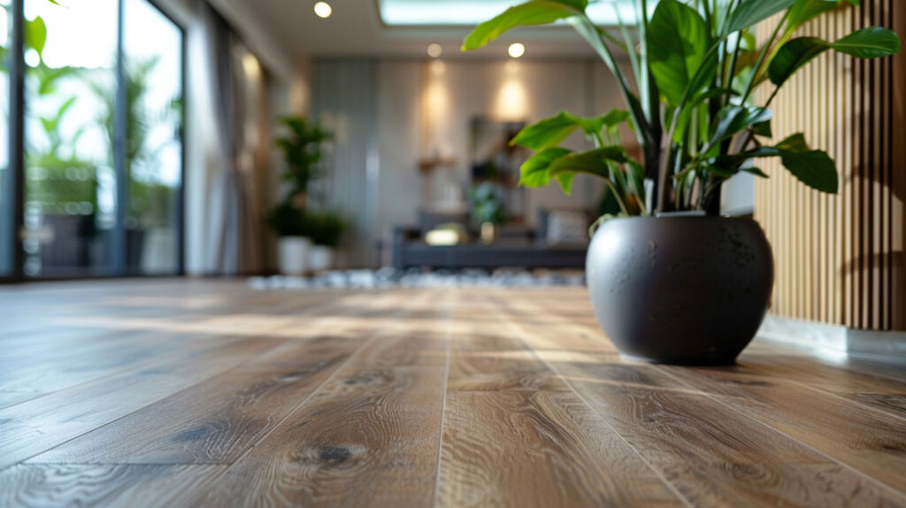 Modern living room featuring wide plank wood flooring, large glass windows, cozy beige sofas, and lush indoor plants illuminated by natural sunlight.