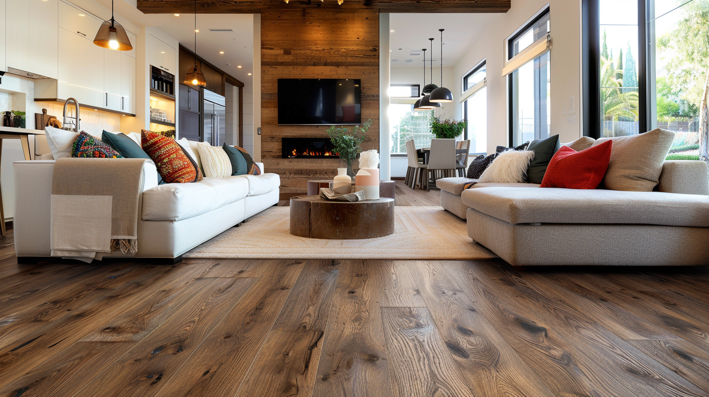 Modern living room with rich dark wood flooring, cozy white sofas, colorful throw pillows, and a rustic wooden accent wall with a fireplace.