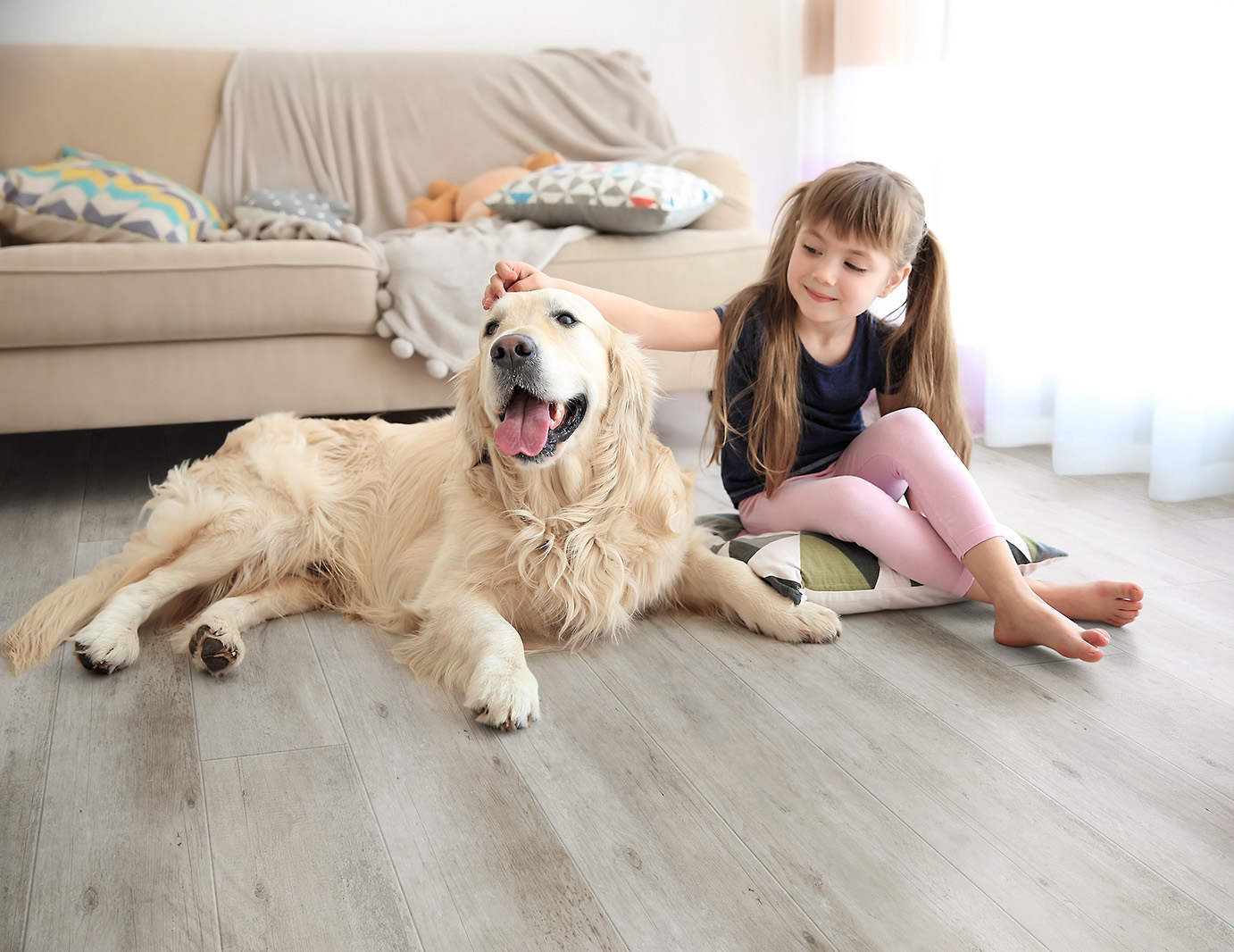 Young girl sitting on a pillow petting a happy golden retriever on light wood flooring in a cozy living room with a beige sofa.