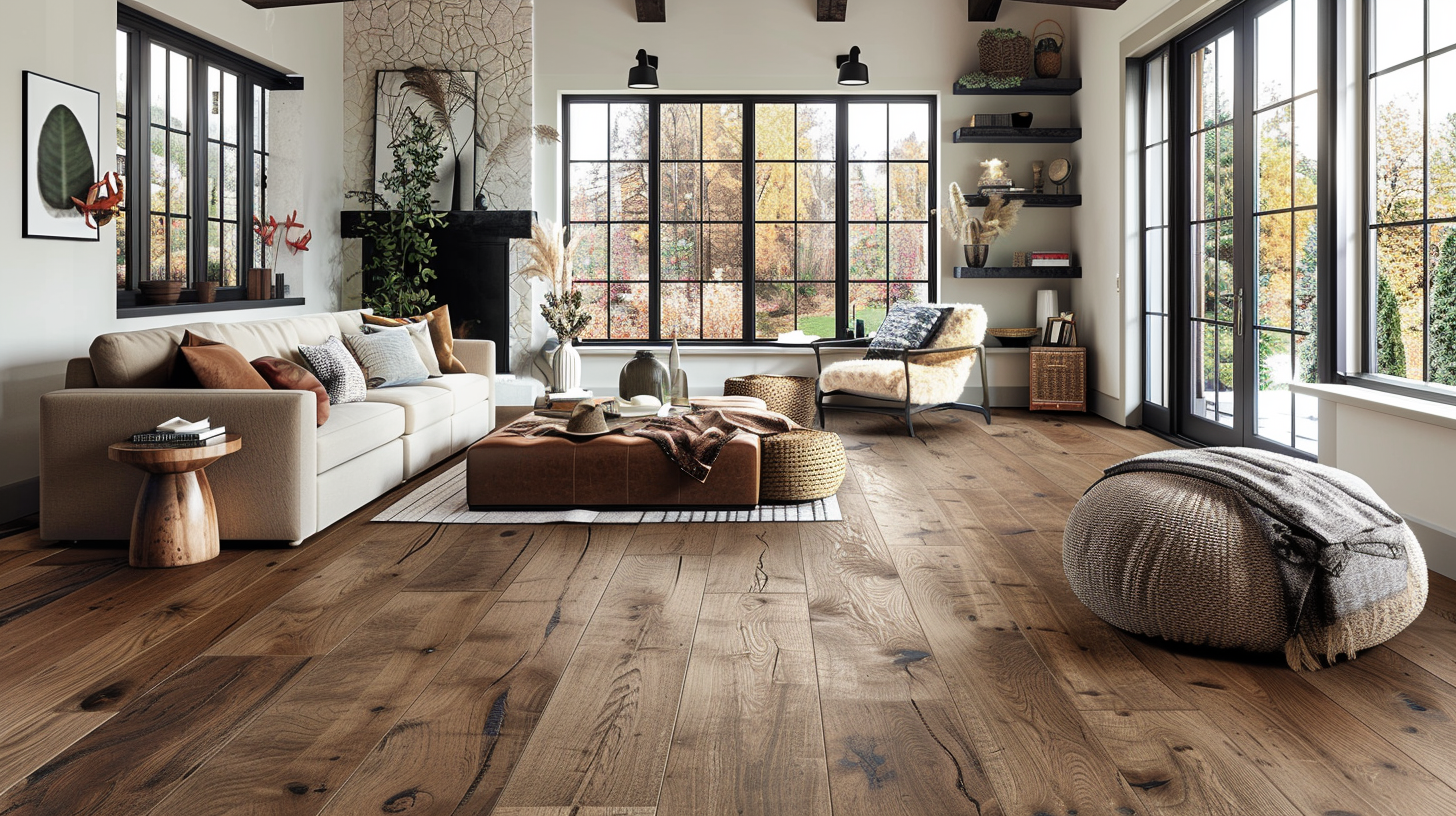 Cozy living room with wide-plank hardwood floors, beige sofa, leather ottoman, large windows with autumn view, and rustic decor elements.