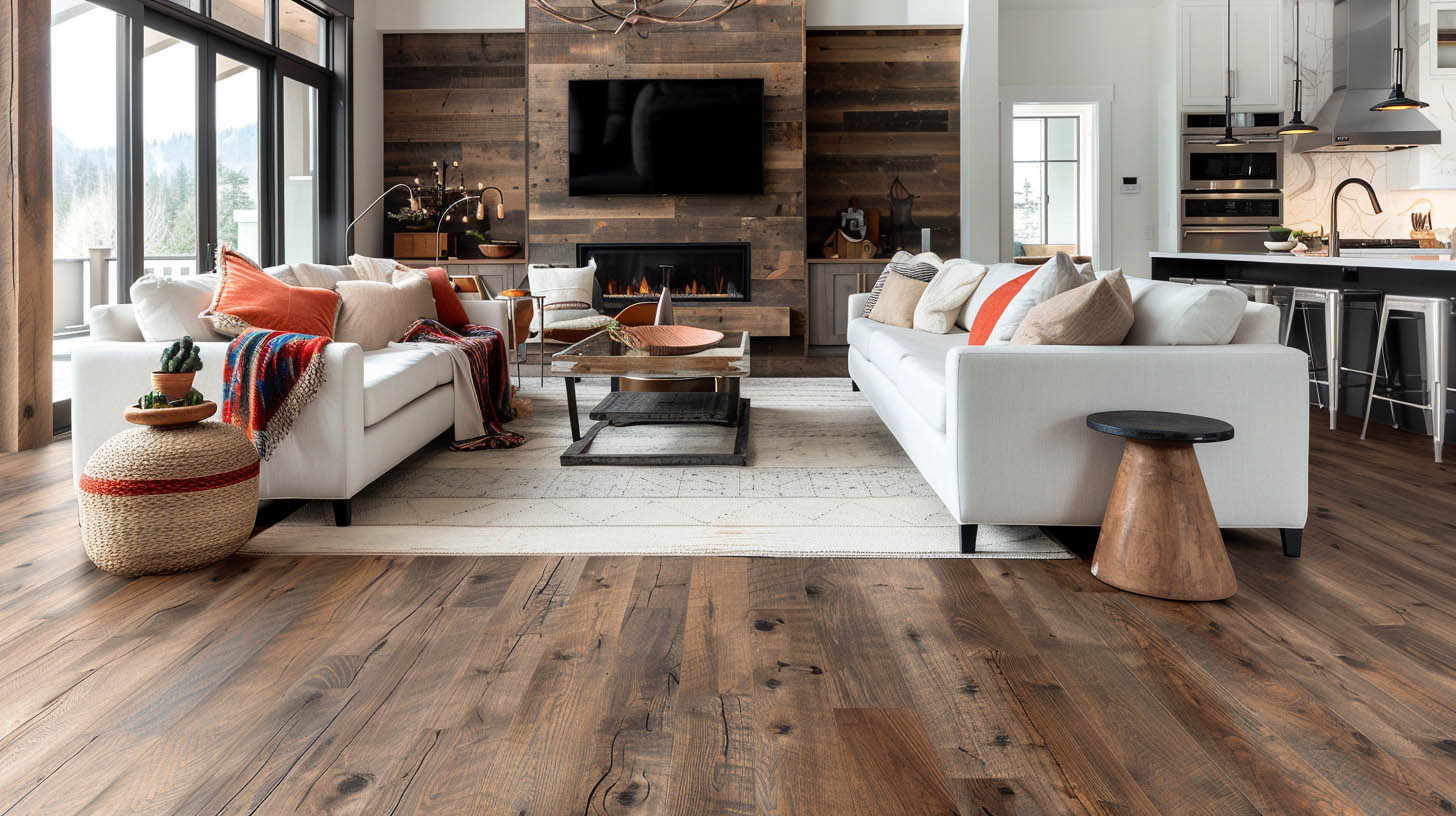 Cozy living room with rustic wood flooring, a fireplace, white sofas, colorful accents, and an open kitchen in the background.