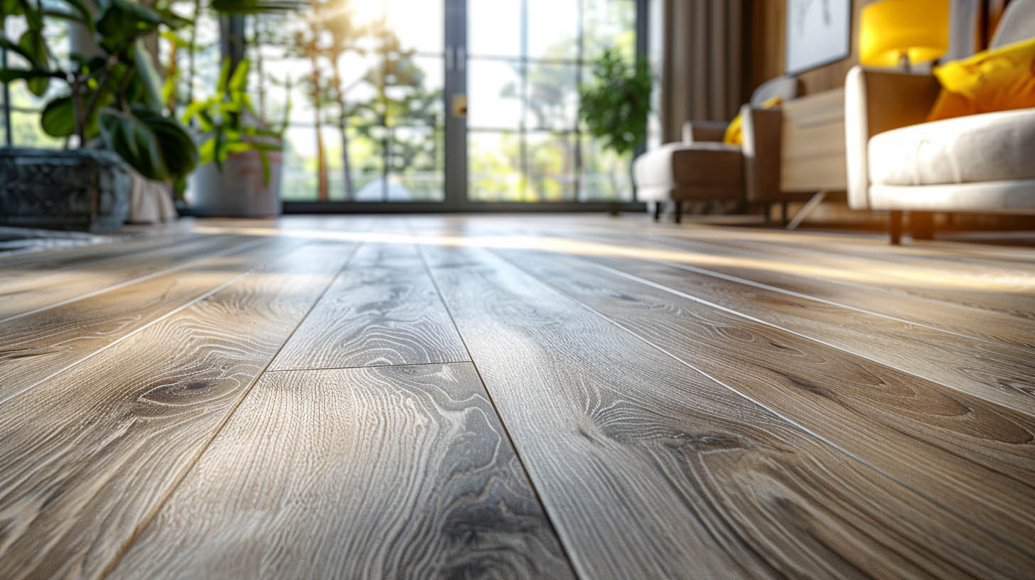 Close-up of sunlit wooden flooring in a cozy living room with plants and modern furniture in the background.