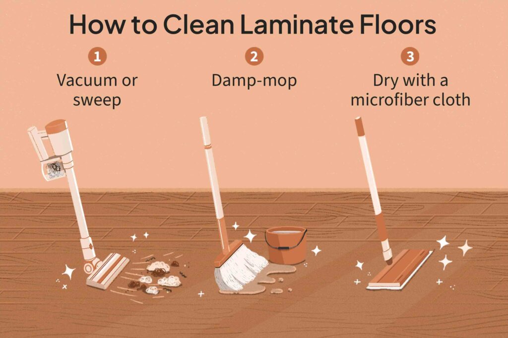 Laminat zeminleri temizlemek için üç adımı gösteren resimli kılavuz: vakumlayın veya süpürün, nemli paspaslayın ve mikrofiber bezle kurulayın.