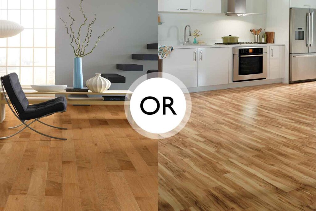 Side-by-side comparison of hardwood flooring on the left and laminate flooring on the right in modern home interiors.