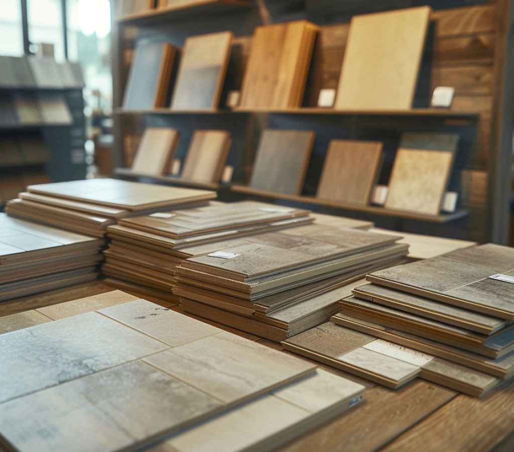 Display of various wood and tile flooring samples stacked on tables and shelves in a showroom.