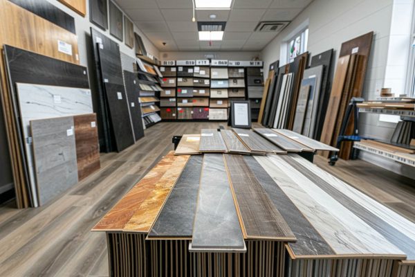 Flooring showroom with various wood and tile samples on display, featuring laminate, vinyl, and hardwood options in a bright, organized space.